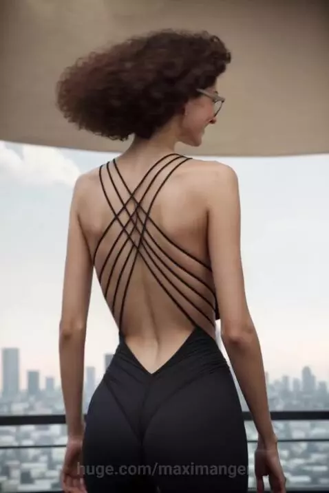 Woman with curly dark hair and glasses in a black outfit dancing samba on a balcony with a city skyline.