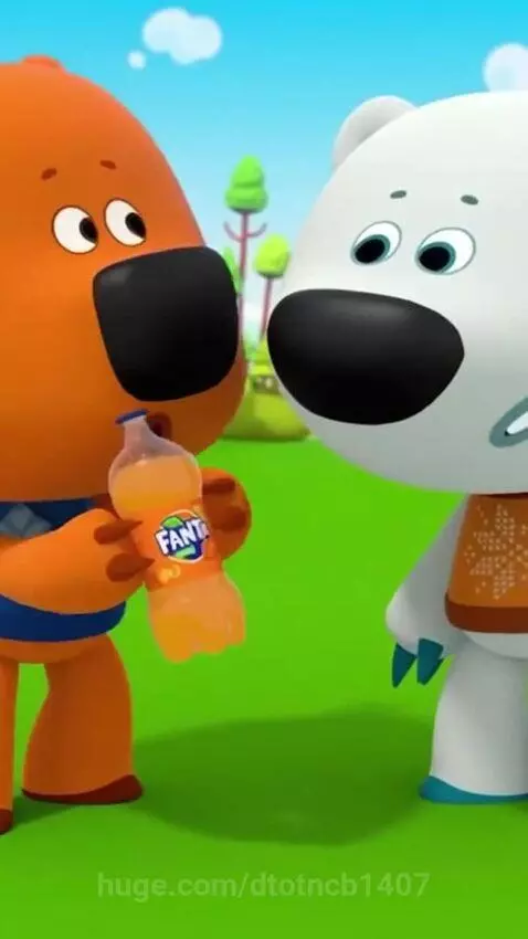 Orange cartoon bear holding Fanta, white bear snatches it, orange bear looks surprised.