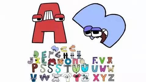 Animated red letter A throwing light blue letter B off-screen, with smaller alphabet letters below.