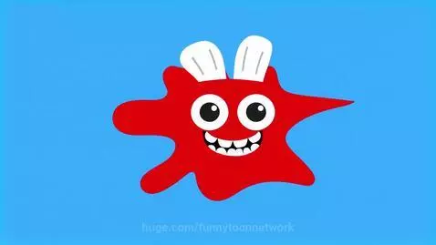 Animated red blob character with white eyes and mouth on a blue background, transitioning to text 'Sal 8'.