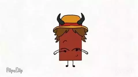 Red cartoon character with white eyes, straw hat, and horns, dancing energetically against a white background.