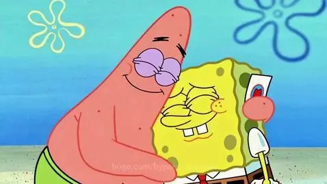 Spongebob Squarepants looking shocked and angry at Patrick Star, who is giving him the middle finger.