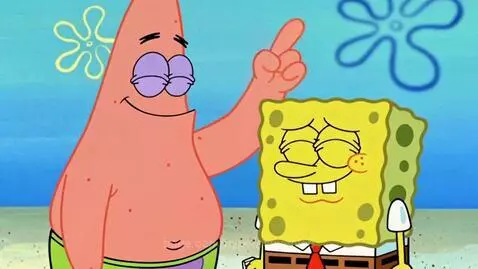 Patrick Star gives the middle finger to a shocked Spongebob Squarepants, then gets launched out of Los Angeles.