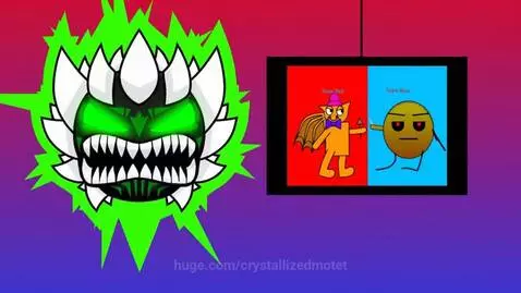 Cartoon monstrous green head with sharp teeth next to a screen showing 'Team Red' and 'Team Blue' characters.