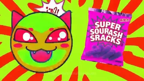 Animated cartoon cat face with large eyes and fanged mouth against a swirling green and yellow background, promoting Super Sour Crash Snacks.