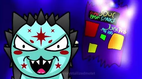 Cartoon spiky creature with red star markings on indigo background, next to a purple sign for 'SUPER SOUR BASH SNACKS'.
