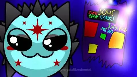 Animated blue cat-like creature with sharp teeth and large eyes next to a purple bag of Super Sour Bash Snacks.