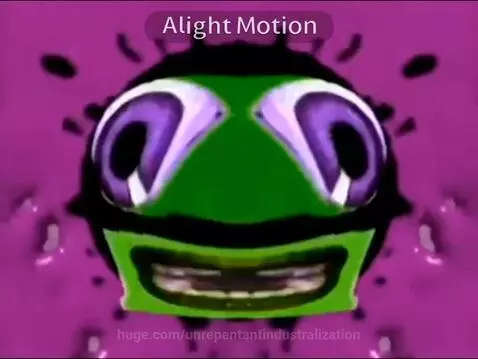 Distorted, mirrored, color-inverted character with 'Alight Motion' text, followed by a purple and blue fish puppet on a black background.