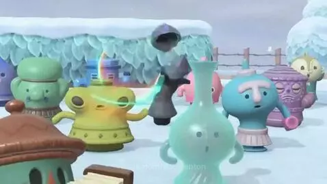 Animated gyroid-like characters glowing and floating in a cosmic, starry environment.