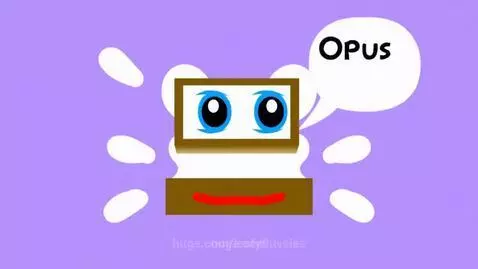 Animated brown character with blue eyes and red mouth on purple background, with white splatters and speech bubble.