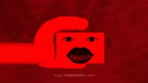 Red screen with dark red splatter, a red hand places a rectangle that reveals Klasky Csupo logo with red eyes and lips, scanwave effect.