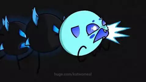 Animated character with blue eyes shooting a blue energy beam at two other characters.