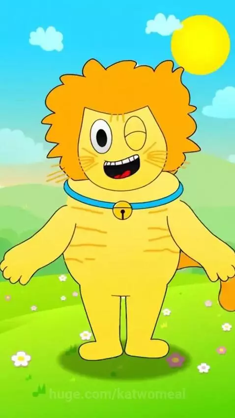 Animated yellow cat named Mr. Cheddar with orange hair and a blue collar winks and picks up orange yarn in a green field.