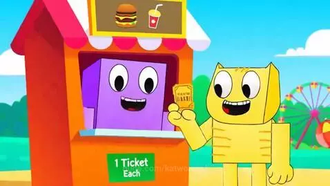 Mr. Cheddar, a yellow cat-like character, slides down a water slide in an inflatable ring at Googolplex Theme Park.