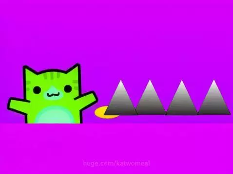 A green cartoon cat character, Slime Kitty, in a purple world, smashing a yellow disc and grey spikes with a hammer.