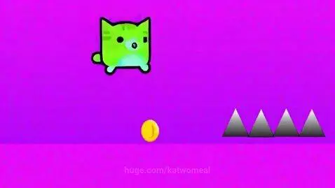 Green cartoon cat character fails a 2D platformer game after hitting spikes, with 'LEVEL FAILED' text.
