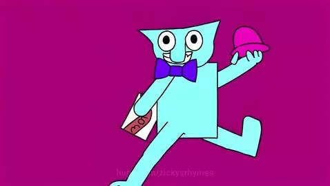 Light blue cartoon character with cat-like head, wearing a bow tie, running with a hat and a 'MOM' gift on a magenta background.