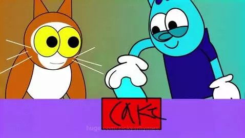 Cartoon cat with cake splattered on its face, looking surprised and unhappy.