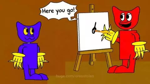 Blue and red cartoon cats with cat ears, one frustrated by a simple blue painting.