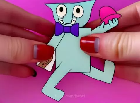 Cartoon character with large eyes and a purple bow tie being squished by hands with red nail polish.