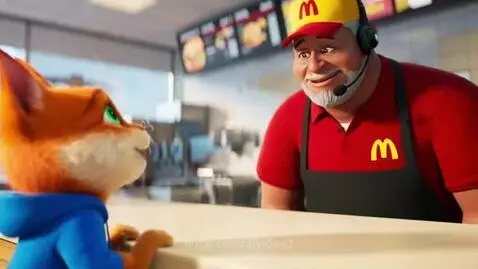 Animated orange cat in a blue hoodie ordering a large fast-food meal at a counter.