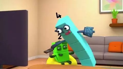 Three animated Numberblocks characters, 2, 4, and 6, in a living room with a remote control on the coffee table.