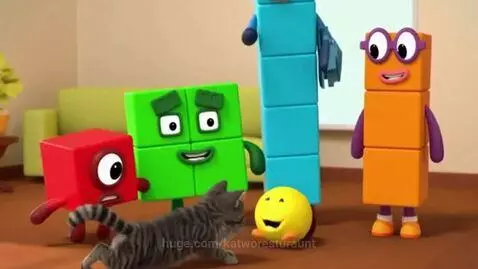 Animated cat scratching a green block character in a living room with other block characters present.