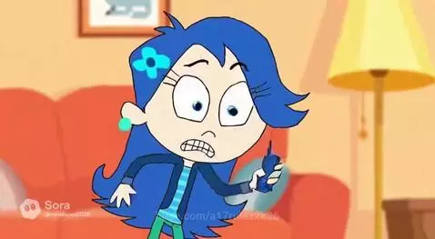 Cartoon girl with blue hair flying through space on a jet-powered vacuum cleaner, leaving a white trail.