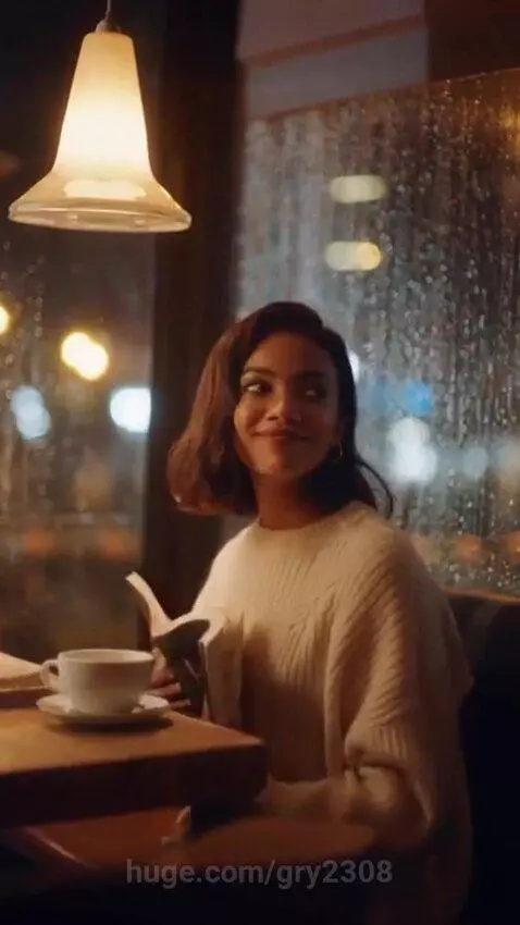 Couple talking and laughing in a cozy, candlelit cafe on a rainy evening.