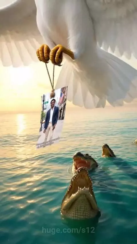 White dove flying with a picture over a sunset ocean, with crocodiles in the water below.