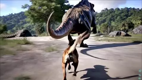 Brown dog running at high speed on a dirt path, pursued by a large T-Rex dinosaur in a tropical jungle.