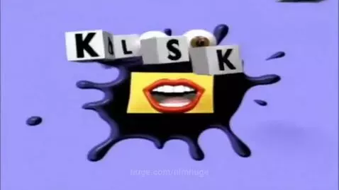 Cartoon face formed by ink splat, yellow rectangle mouth, and wiggling eyes, saying 'Splat, Klasky Csupo'.