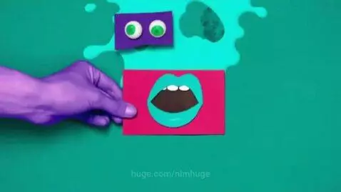 Animated purple hand places a red card with a mouth on a green background, forming a cartoon face that says 'Splat, Klasky Csupo'.