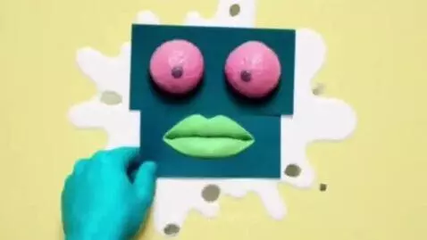 Abstract animation with a turquoise hand, green lips, and wiggling pink eyes on a yellow background, forming text.