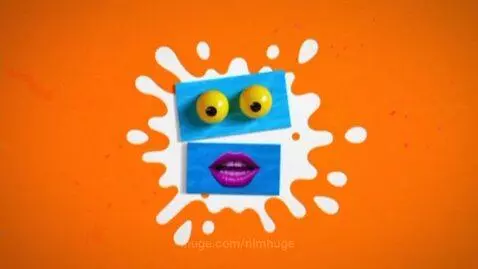 Animated Klasky Csupo logo with a face made of blue blocks, googly eyes, and purple lips on an orange background.