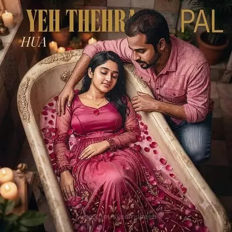 Man gently touches woman in a rose petal-filled bathtub, wearing a pink floral dress, with candles creating a romantic ambiance.