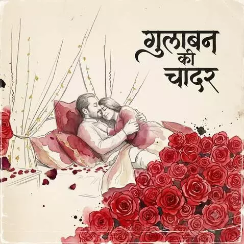 Romantic illustration of a couple embracing in a bed covered in red roses and petals, with Hindi text 'Gulabon Ki Chadar'.