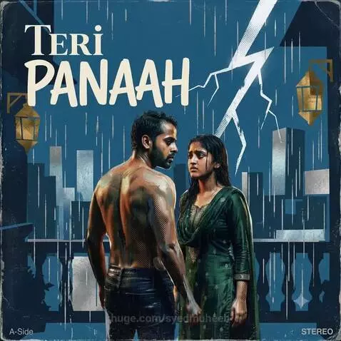 Album cover for 'Teri PANAAN' showing a couple in the rain with a city skyline and lightning.