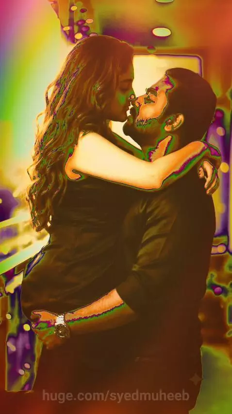 Adult couple in a close embrace, sharing a kiss with vibrant neon colors and a dreamy aesthetic.