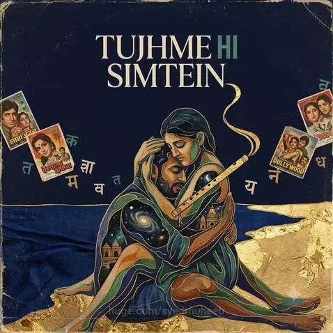 Album cover art of a man and woman embracing, adorned with painted landscapes and celestial bodies, against a deep blue background with gold accents.