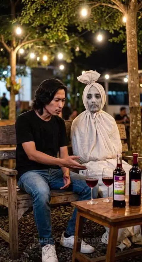 Man sitting on a bench with a pocong ghost, string lights, and drinks on a table.