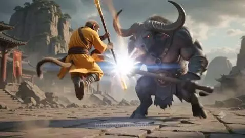 Monkey warrior with glowing staff fighting a bull monster with an axe in a ruined temple.