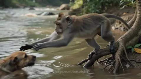 A monkey gently pulls a small brown dog out of a river onto a muddy bank in a jungle.