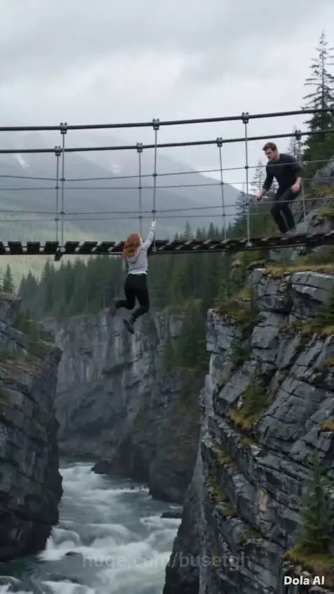 Woman hanging from a collapsing suspension bridge, being rescued by a man.
