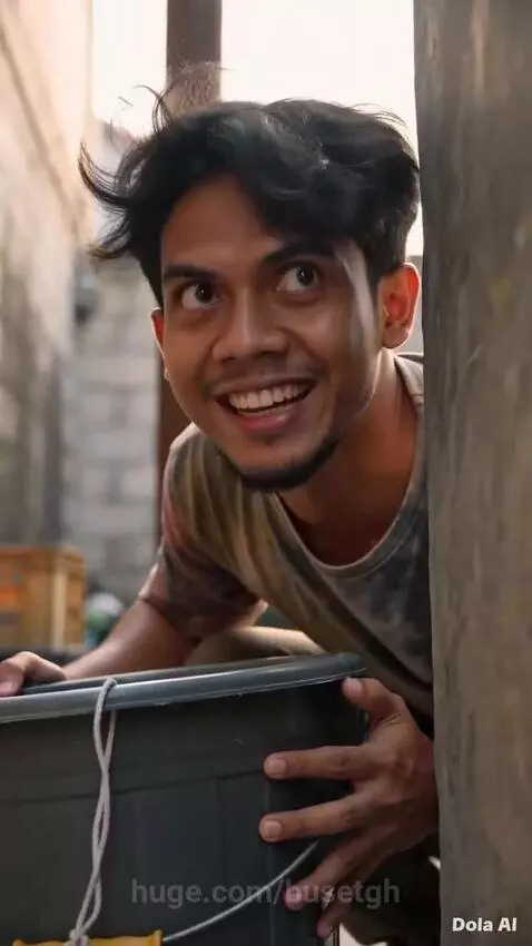 Man celebrates after trapping a zombie with a bucket, then comically slips and falls.