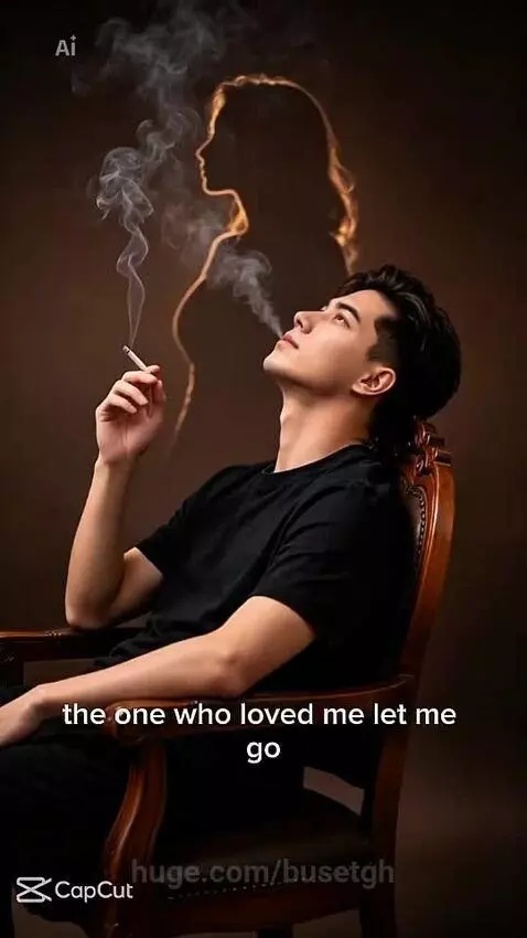 Man with cigarette smoke forming a woman's silhouette, looking up in regret.