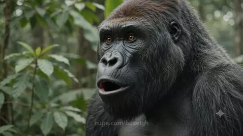 A gorilla embraces a crying woman in a jungle, a touching reunion between animal and caretaker.