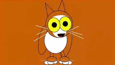 Animated orange and white cat-like character with large yellow eyes on an orange background, jiggling to music.
