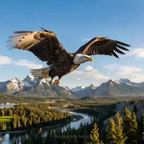 A majestic bald eagle with wings fully extended in flight over a landscape of mountains, forests, and a river.