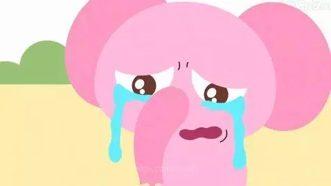 A sad pink cartoon elephant with large blue tears streaming from its eyes, wailing.